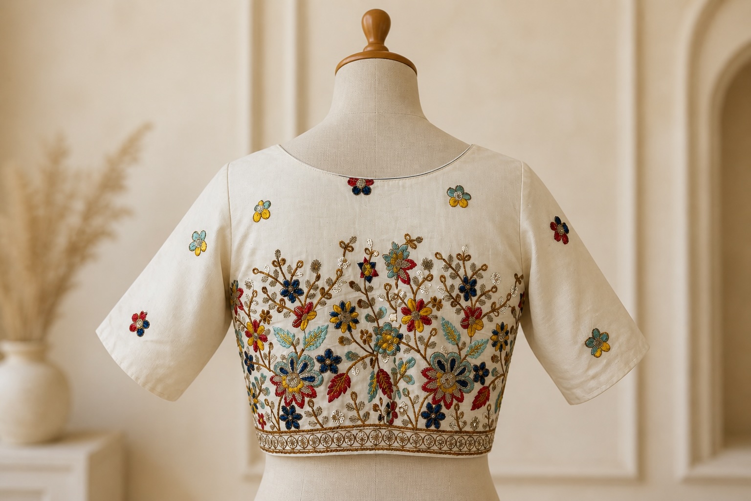 Dainty Floral Ivory Cotton Blouse w/ Cotton Lining view 3