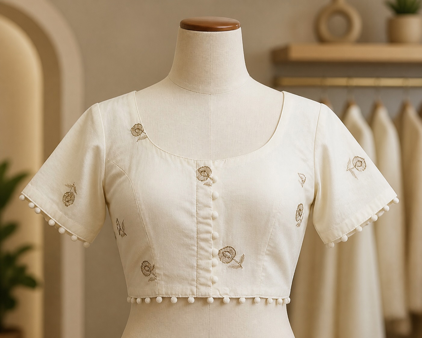 Zari Medallion Cream Cotton Blouse w/ Cotton Lining view 2