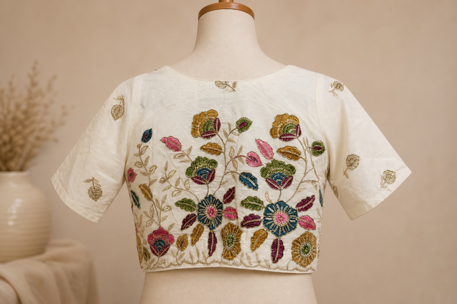 Zari Medallion Cream Cotton Blouse w/ Cotton Lining view 3