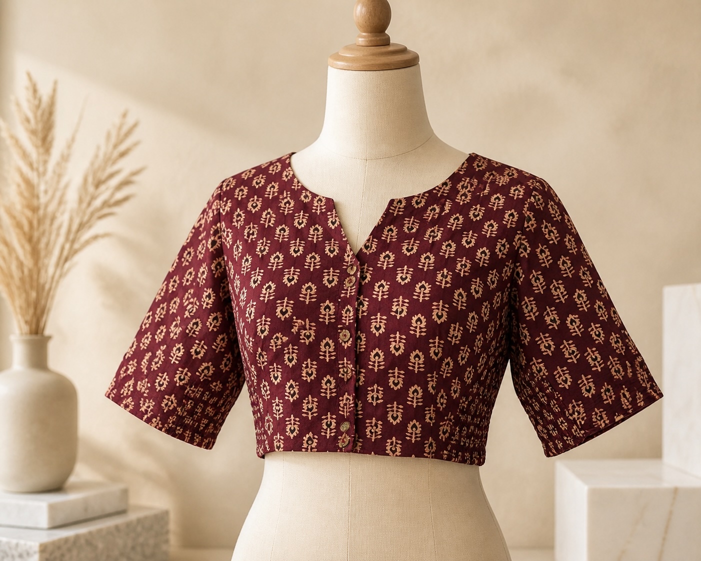 Maroon Bloom Cotton Blend Printed Blouse w/ stretchable elastic view 2