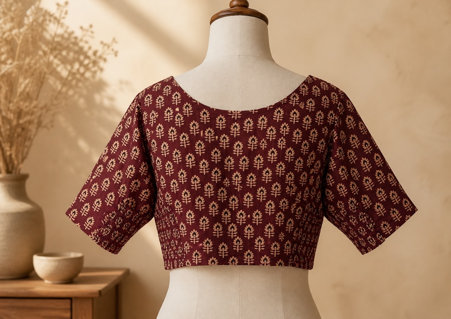 Maroon Bloom Cotton Blend Printed Blouse w/ stretchable elastic view 3