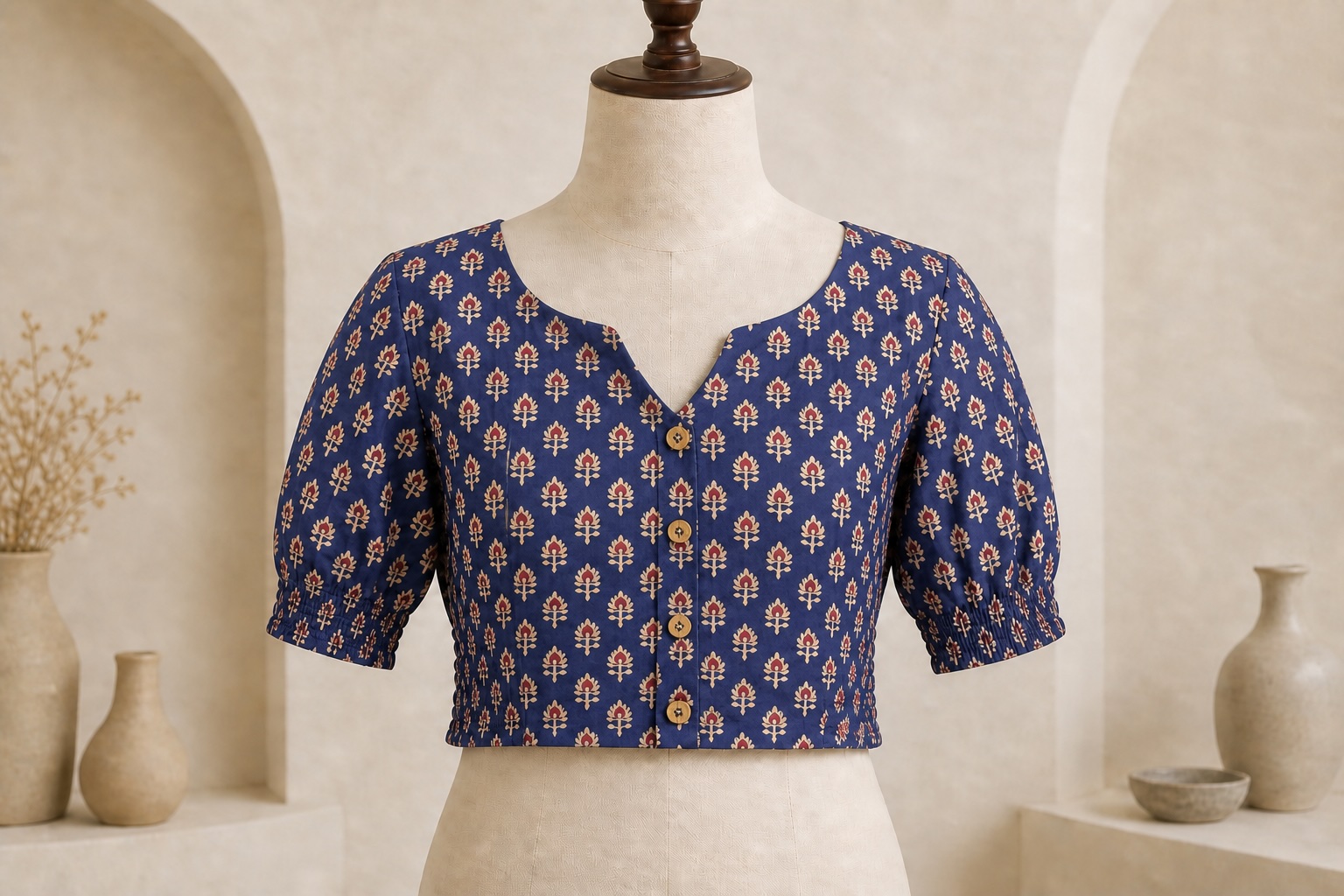 Indigo Bloom Cotton Blend Printed Blouse w/ stretchable elastic view 2
