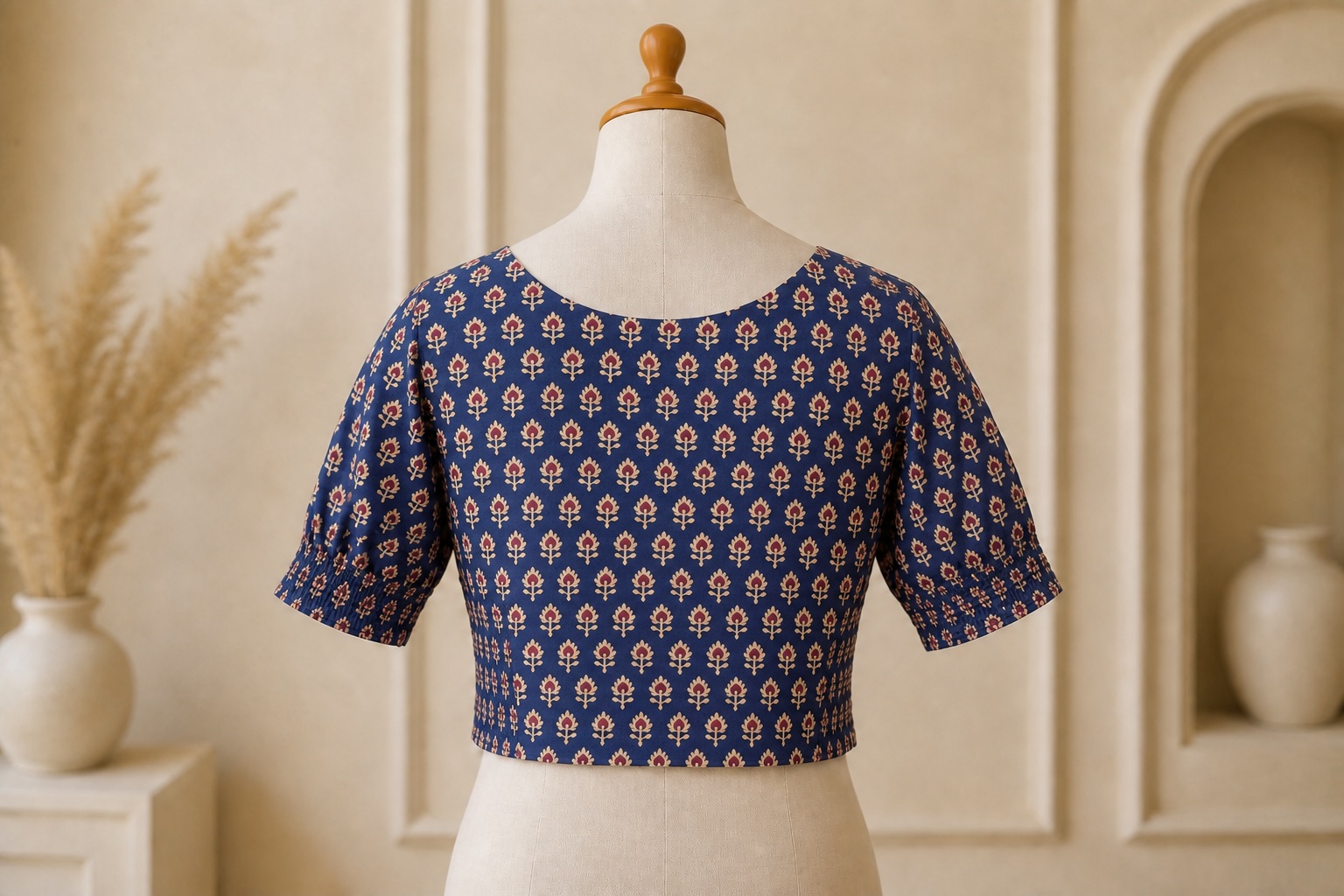 Indigo Bloom Cotton Blend Printed Blouse w/ stretchable elastic view 3