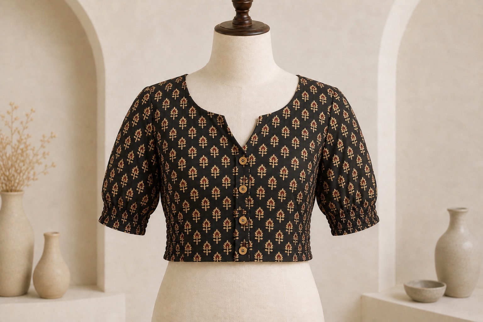 Black and Yellow Bloom Cotton Blend Printed Blouse w/ stretchable elastic view 2