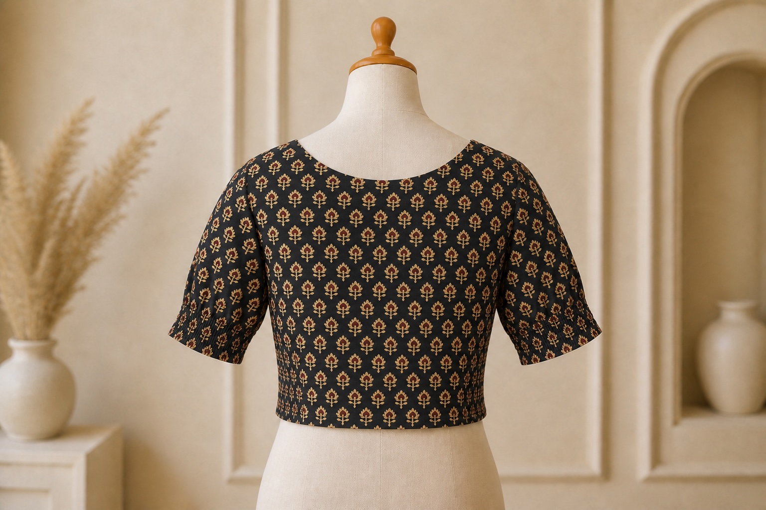 Black and Yellow Bloom Cotton Blend Printed Blouse w/ stretchable elastic view 3
