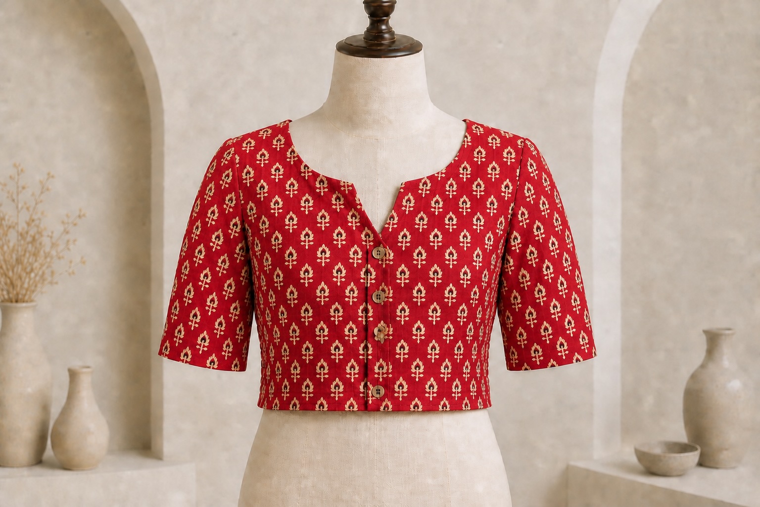 Red Bloom Cotton Blend Printed Blouse w/ stretchable elastic view 2