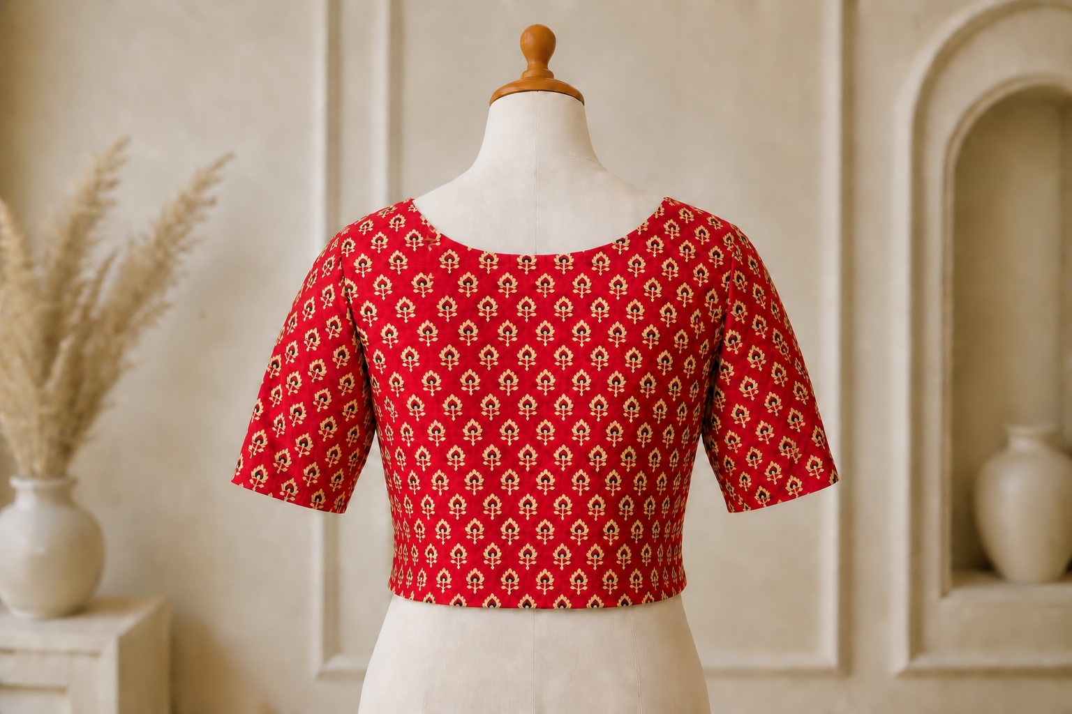 Red Bloom Cotton Blend Printed Blouse w/ stretchable elastic view 3