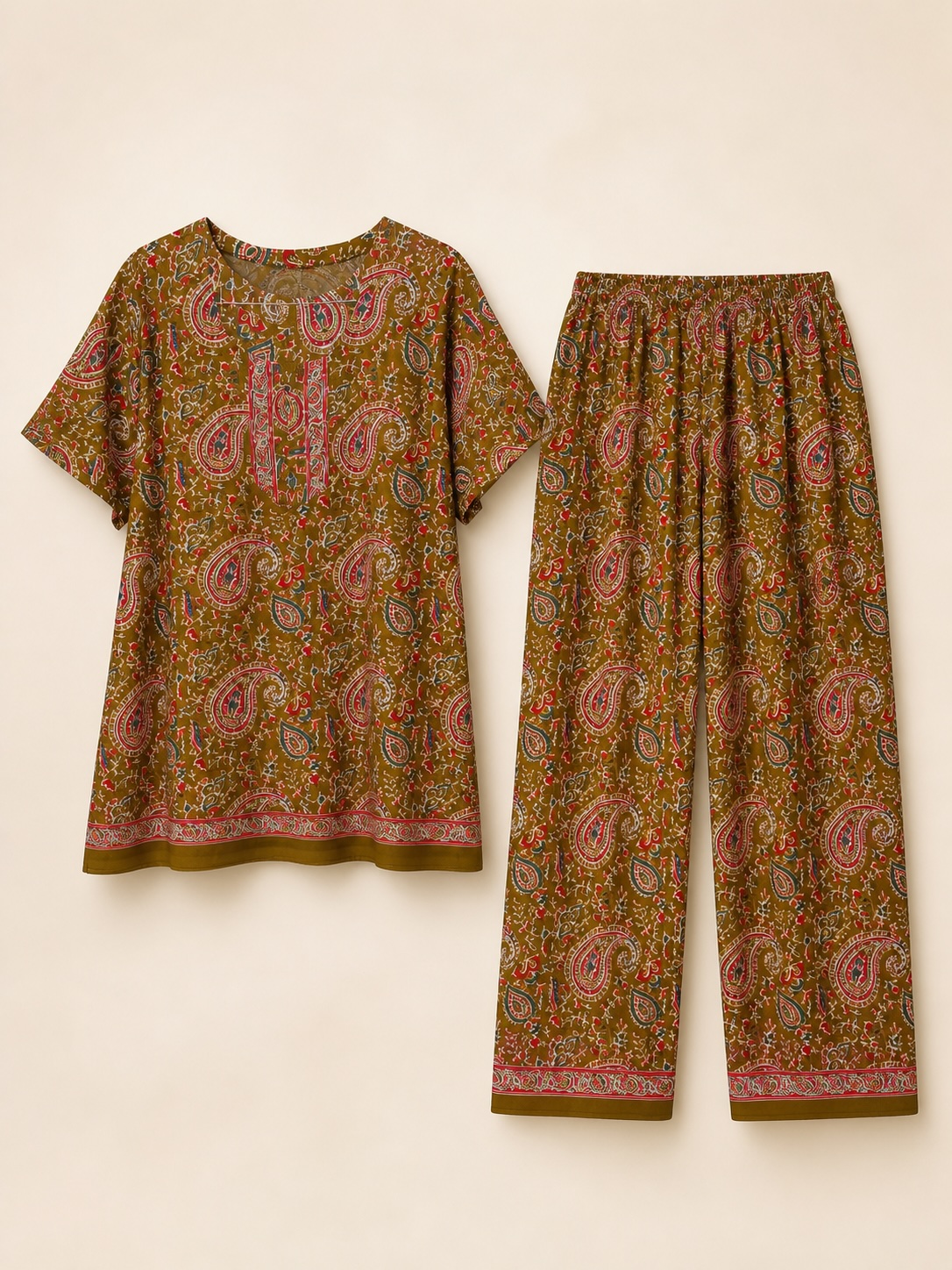 Olive Red Paisley Pajama Nighty Set view 2