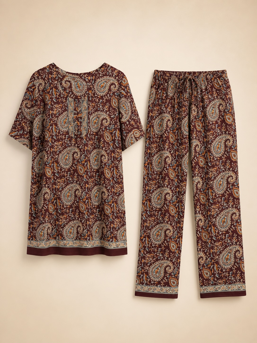 Brown Blue Paisley Pajama Nighty Set view 2